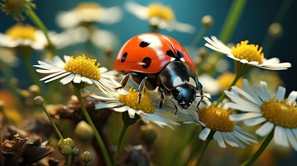 Insect Harmony: A Close-Up Wallpaper Background Displays a Ladybug Resting Contentedly on a Flower, Harmonizing with the Natural Rhythms of the Earth