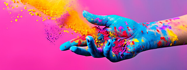 Revelers enjoy the Holi festival, hands raised amid clouds of bright, multicolored powder. - obrazy, fototapety, plakaty