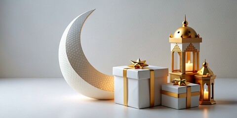 Islamic background, lantern, gold crescent moon on white. Design concept of Ramadan Kareem, mawlid, Iftar, Isra and Miraj or Eid Al Fitr Adha. 3D illustration