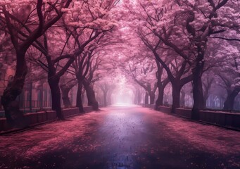Tree-Lined Path with Cherry Blossom Rain
