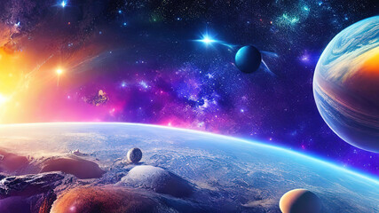 Gorgious Space scene with planets, stars and galaxies, Panorama