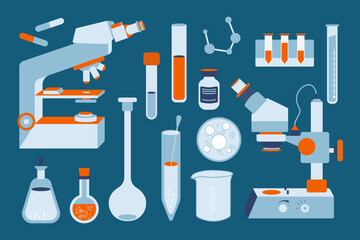 Vector set of laboratory equipment. Medical instrument - microscope, flask, bottle, and other scientific elements. Flat simple style in trendy colors.