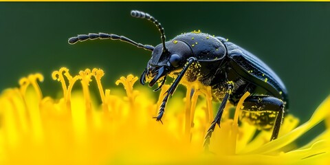 Macro shot of a beetle on a yellow flower, vivid colors, wildlife close-up photography captured by AI