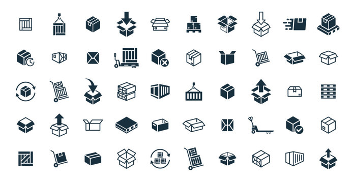 Delivery package 50 big icons set on white background. online delivery service business. Parcel container, packaging boxes, web design for applications.