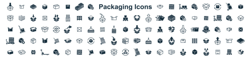 Delivery package 100 icons big set on white background. online delivery service business. Parcel container, packaging boxes, web design for applications. - obrazy, fototapety, plakaty