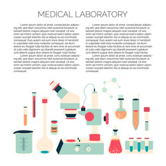 Vector brochure design template of medical laboratory with chemical elements like microscope, pills, flask and other scientific equipment