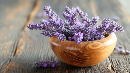 Obraz na płótnie Canvas Rustic wooden bowl filled with dried lavender flowers and a scoop.