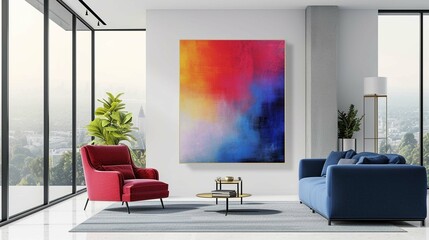 Modern room design with colorful minimalist painting, red armchair and large panoramic window and blue sofa against the wall. generative ai 
