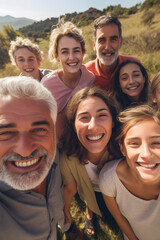 Obraz premium Group of people mixed generations from mature to children taking selfie picture in outdoor leisure activity all together in friendship. Concept of large family and elderly to teenager lifestyle