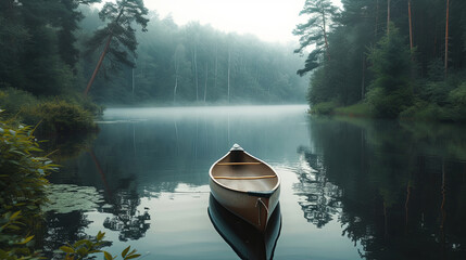 Canoe on a tranquil forest lake