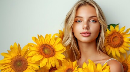 A Radiant Display of Sunflowers Surrounding a Person in a Light-Colored Studio Setting with Controlled Lighting