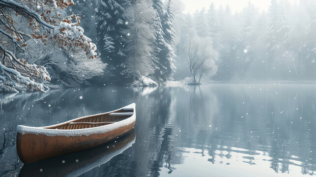 Canoe on a tranquil forest lake at snowy day 