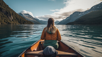 Back view of a woman rowing in a kayak in a beautiful lake