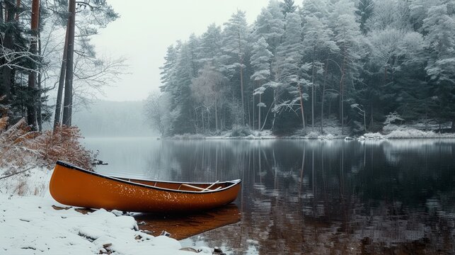 Canoe on a tranquil forest lake at snowy day 