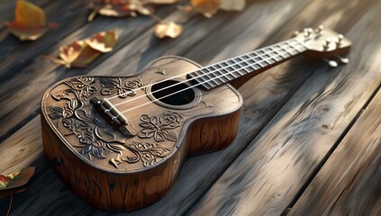 Handcrafted acoustic guitar on wooden surface amidst autumn leaves. perfect for music themes and rustic settings. AI - obrazy, fototapety, plakaty