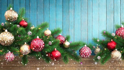 merry christmas and happy new year fir branches decorating balls 3d rendering