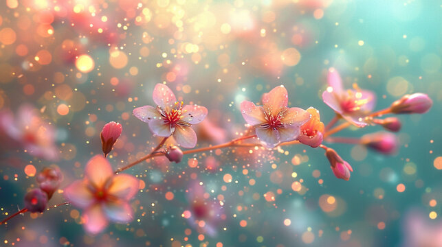 Magical meadow, full of blossoming spring flowers. horizontal banner or background.
