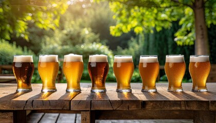 line of beers on wooden table in a beer garden - obrazy, fototapety, plakaty