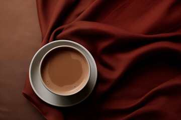 Top view of a white ceramic coffee cup on a vibrant red fabric. Concept for cozy morning, breakfast ad, or cafe promotion.