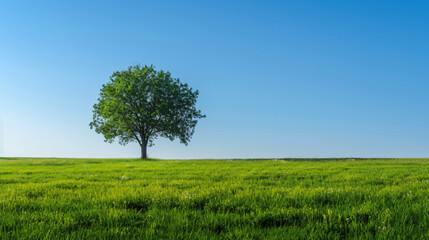Fototapeta na wymiar A serene image of a lone tree in a vibrant green meadow under a clear blue sky symbolizing peace and growth.