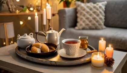 Fototapeta na wymiar details of a still life in a home s living room a serving platter with a cup of tea and candles read and take a nap cosy house generative ai