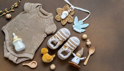 Fototapeta na wymiar set of baby stuff and accessories for newborn on brown background baby shower or baby care concept flat lay top view knitted sweater pants shoes bib wooden toys and soft bird