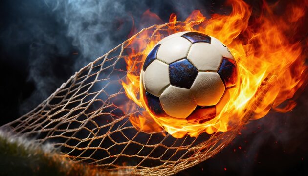 fiery soccer ball in goal with net in flames © Tomas