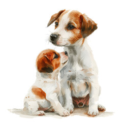 Cute little dog with mom. Watercolor painting. isolated