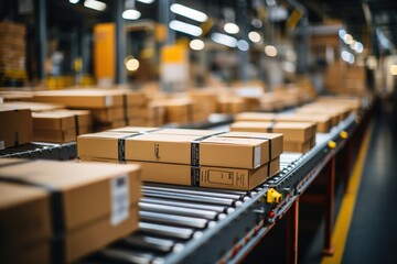 Efficient Handling: Boxes Glide Along a Conveyor Belt in a Warehouse, Illustrating Quick and Organized Distribution Processes