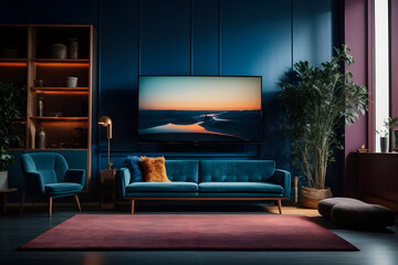 Modern interior of living room with TV on the cabinet on dark blue wall background design.