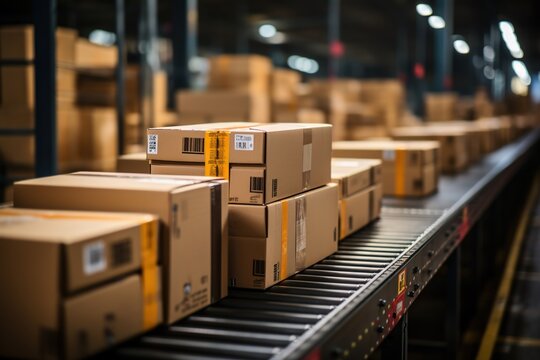 Automated Transport: Boxes Move Across a Conveyor Belt in a Warehouse, Showcasing Technology-Driven Logistics Solutions