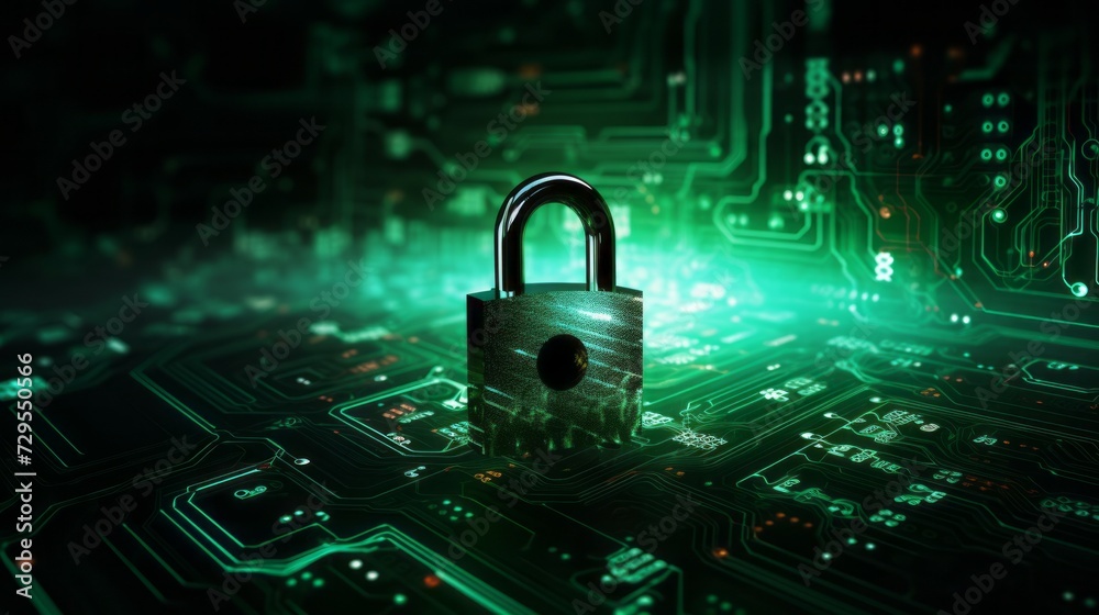 Poster futuristic cybersecurity concept: padlock symbolizing internet security and personal data protection
