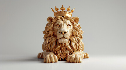 Regal lion lying on floor with a golden crown on a neutral background, symbolizing power and...
