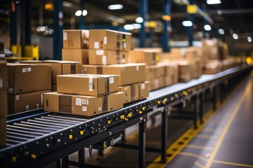 Seamless Operations: Boxes Glide Effortlessly Along a Conveyor Belt in a Warehouse, Reflecting Efficient Supply Chain Management