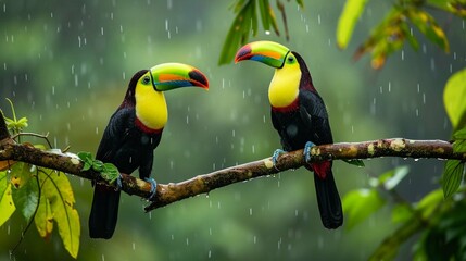 Toucan sitting on the branch in the forest, green vegetation, Costa Rica. Nature travel in central America. Two Keel-billed Toucan, Ramphastos sulfuratus, pair of bird with big bill.