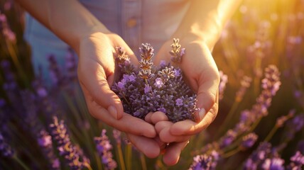 Hands gently cradling a freshly picked bunch of lavender in warm sunlight