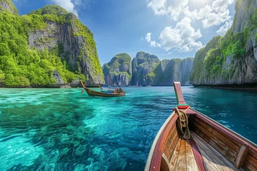 Foto op Canvas Panorama amazed nature scenic landscape Maya Bay with boat for traveler, Attraction famous popular place tourist travel Phuket Thailand beach summer vacation trips, Tourism beautiful destination Asia © Areesha