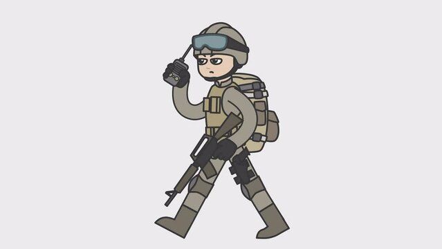 2d animation of walking white male soldier talking on the radio. Looped 4K video with alpha-channel.