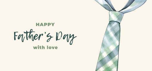 Happy Father’s Day watercolor template in green tones with plaid men's tie and typography. Design for the banners, posters, cards, brochures, web, flyers, and social media. Generative AI.
