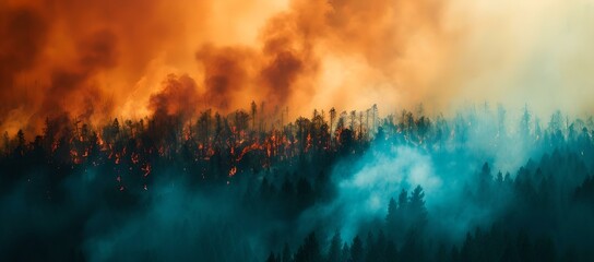 Intense wildfire engulfing a forest. vivid flames and smoke. conceptual image of environmental disaster and nature's fury. ideal for news and educational content. AI