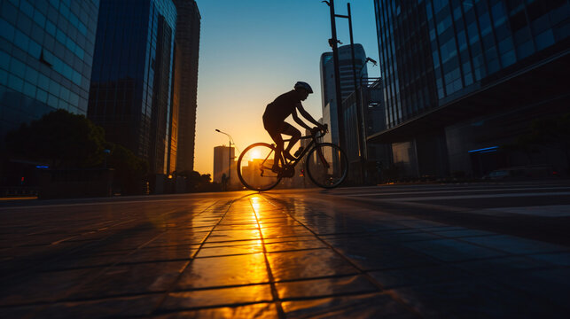 A sleek image of a cyclist speeding through a cityscape at dawn silhouette against the rising sun.