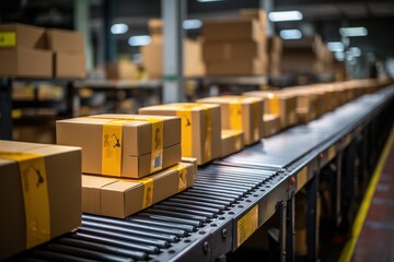 Logistics Automation: A Conveyor Belt Moves Boxes with Precision in a Warehouse, Showcasing Modernized and Streamlined Operations