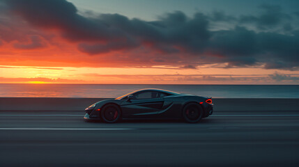 A sleek modern sports car racing down a coastal highway at sunset. - obrazy, fototapety, plakaty