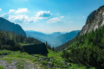 Fototapeta na wymiar Idyllic alpine meadow of Hauslalm with scenic view of Muerztal valley, Hochschwab mountains, Styria, Austria. Wanderlust in wilderness of Austrian Alps, Europe. Hiking trail in Obersteiermark, summer