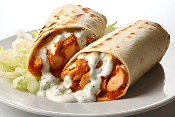 Buffalo chicken wrap with cheese dressing and celery on a Background- Ai Generated