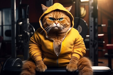 Red serious cat in sportswear against the background of barbell. Bodybuilding training concept, professional fitness trainer, sports mentor.