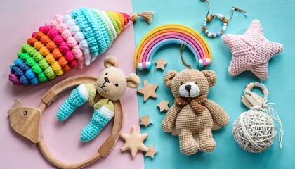 Fototapeta na wymiar cute wooden baby toys on pink and light blue background knitted bear rainbow dinosaur toy beads and stars eco accessories beanbag and teethers for newborn flat lay top view