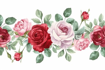 Panoramic view: bouquet of roses, spring blossom. Horizontal border: red, mauve, pink flowers, buds, green leaves on white background. Digital draw illustration in watercolor style, vintage, vector