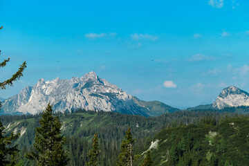 Panoramic view of alpine landscape seen from Allakogel, Hochschwab mountains, Styria, Austria. Wanderlust in wilderness of Austrian Alps, Europe. Looking at summit Griesmauerkogel and TAC-Spitze