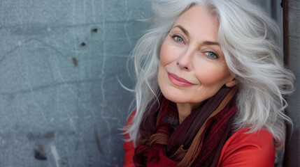 Fototapeta premium Outdoor portrait of a beautiful older woman with platinum blond hair and a youthful complexion. She is standing against a blue wall.